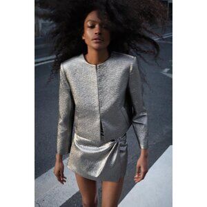 NWOT Zara charcoal silver metallic sheen laminated cropped jacket, XS